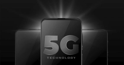 5g wireless internet technology with realistic smartphone mobile