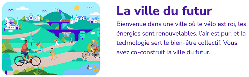 La ville du futur La ville du futur : où le vélo est roi, les énergies renouvelables, l'air pur, la technologie sert le bien-être collectif. Vous avez co-construit la ville du futur.